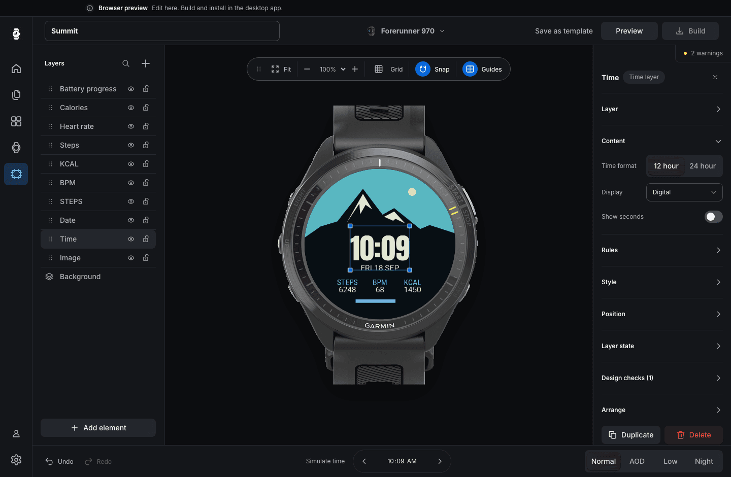 Dial Studio in dark mode with the Summit template on a Forerunner 970, layers on the left, and settings on the right.